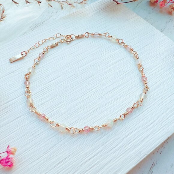Tiny Ethiopian Opal and Strawberry Quartz Bracelet | Handmade in BC - Picture 1 of 6
